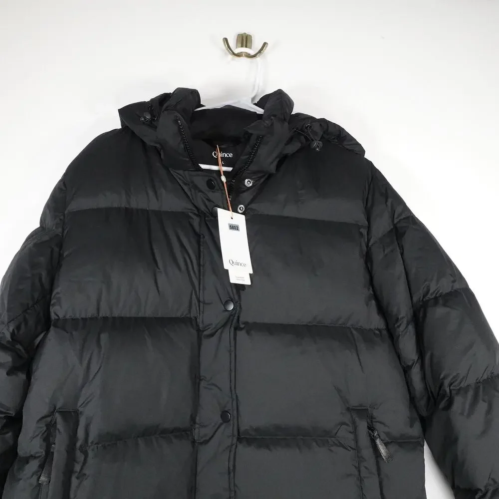 Quince Women's Large Responsible Down Long Puffer Jacket Hooded Black $200 Retro